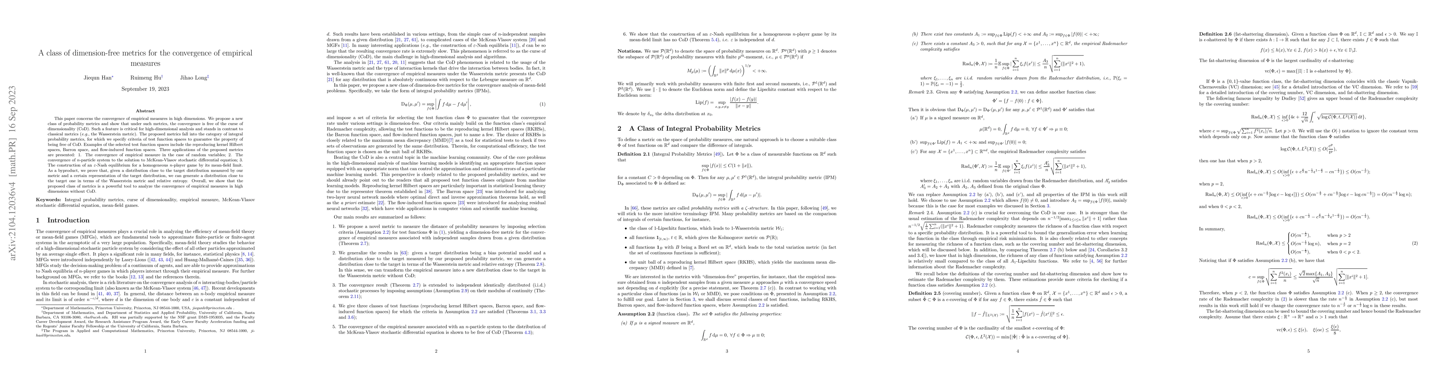 Thumbnail for A Class of Dimension-free Metrics for the Convergence of Empirical
  Measures