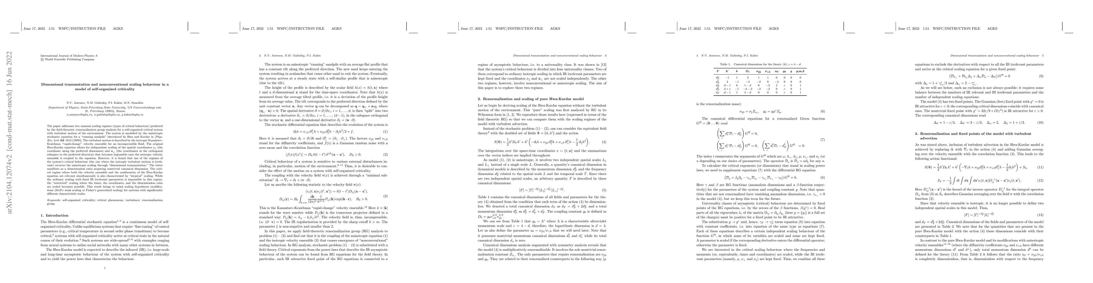 Thumbnail for Dimensional transmutation and nonconventional scaling behaviour in a
  model of self-organized criticality