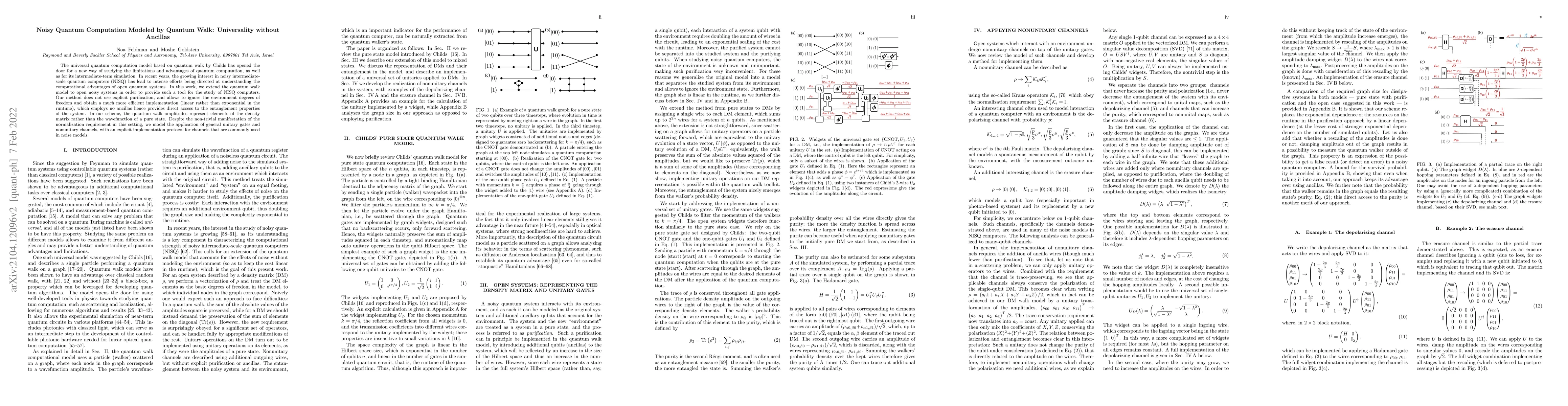 Thumbnail for Noisy Quantum Computation Modeled by Quantum Walk: Universality without
  Ancillas