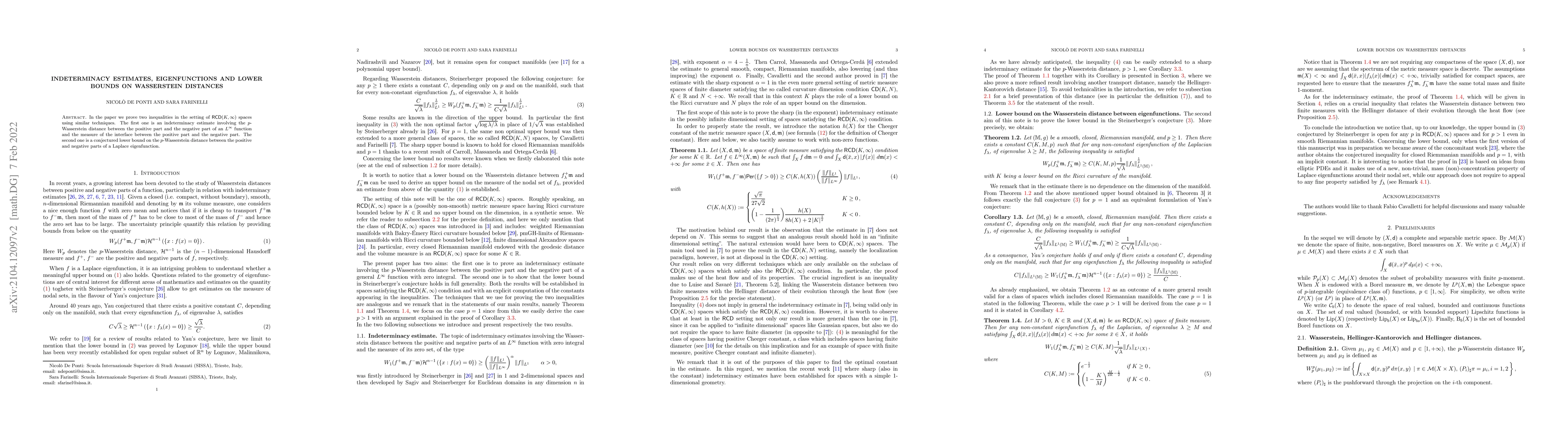 Thumbnail for Indeterminacy estimates, eigenfunctions and lower bounds on Wasserstein
  distances