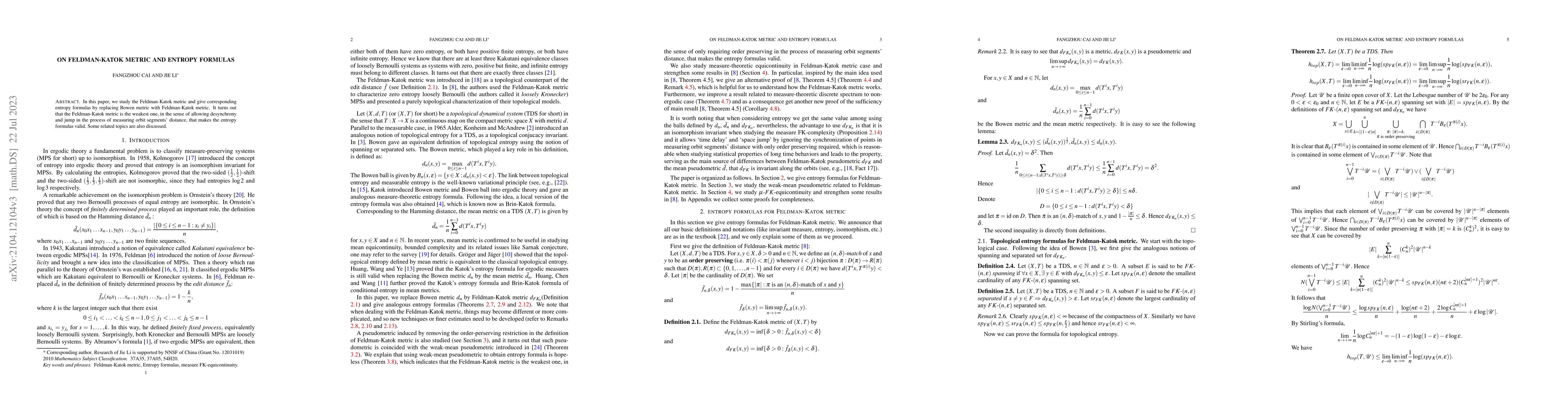 Thumbnail for On Feldman-Katok metric and entropy formulae