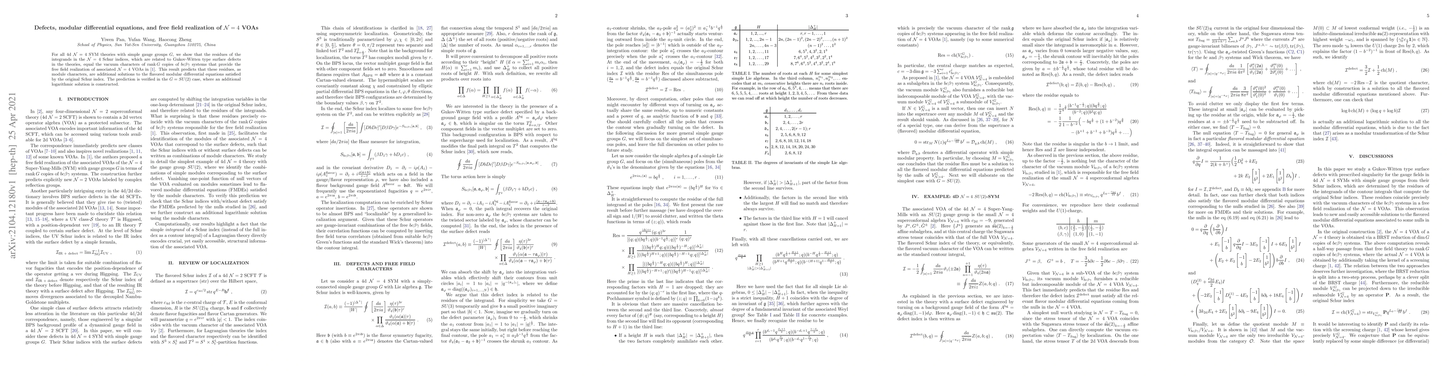 Thumbnail for Defects, modular differential equations, and free field realization of N
  = 4 VOAs