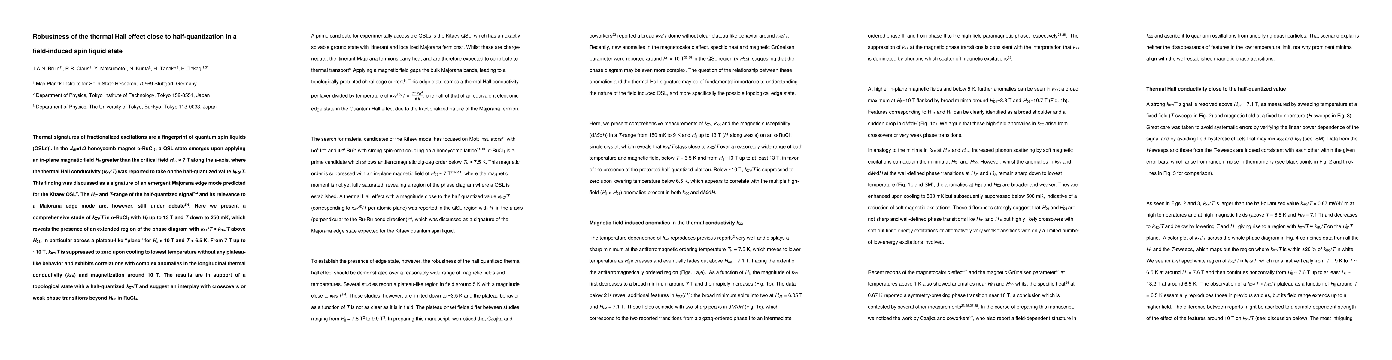 Thumbnail for Robustness of the thermal Hall effect close to half-quantization in a
  field-induced spin liquid state