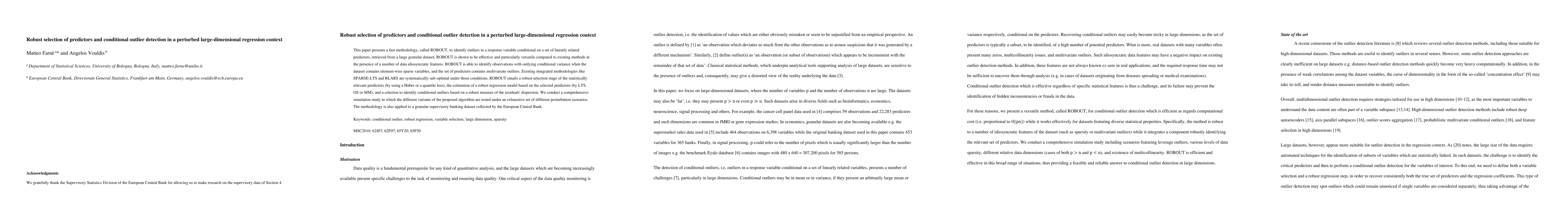 Thumbnail for Robust selection of predictors and conditional outlier detection in a
  perturbed large-dimensional regression context