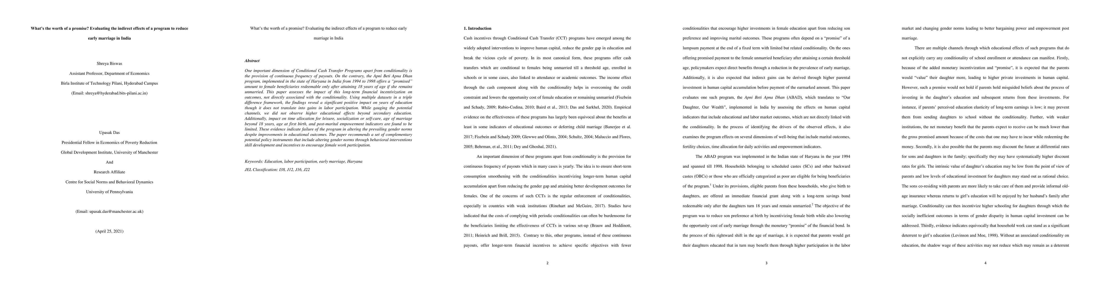 Thumbnail for Whats the worth of a promise? Evaluating the indirect effects of a
  program to reduce early marriage in India
