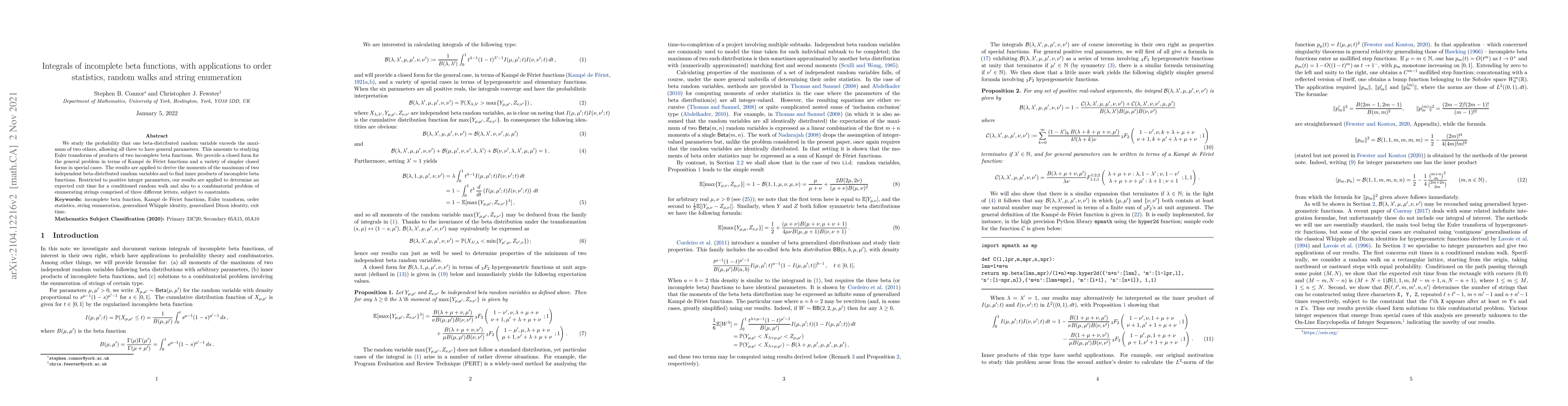 Thumbnail for Integrals of incomplete beta functions, with applications to order
  statistics, random walks and string enumeration