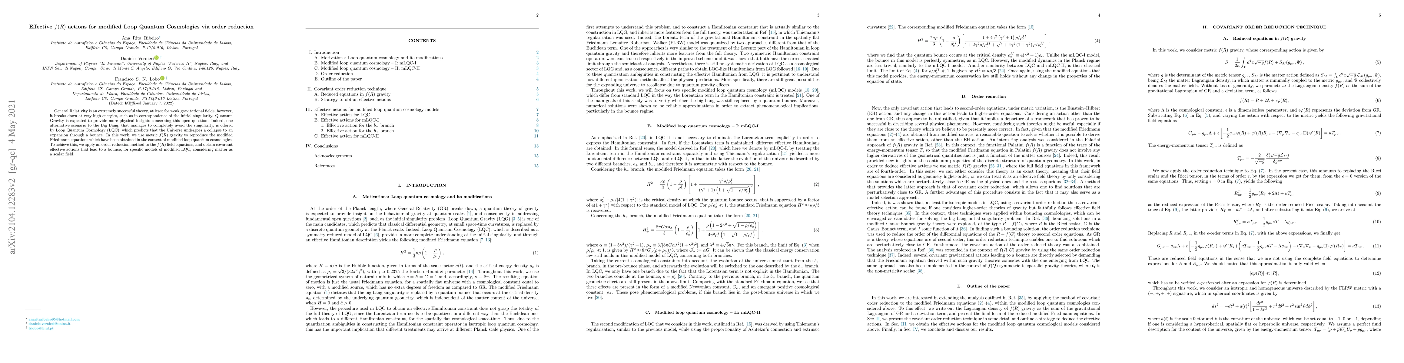 Thumbnail for Effective $f(R)$ actions for modified Loop Quantum Cosmologies via order
  reduction