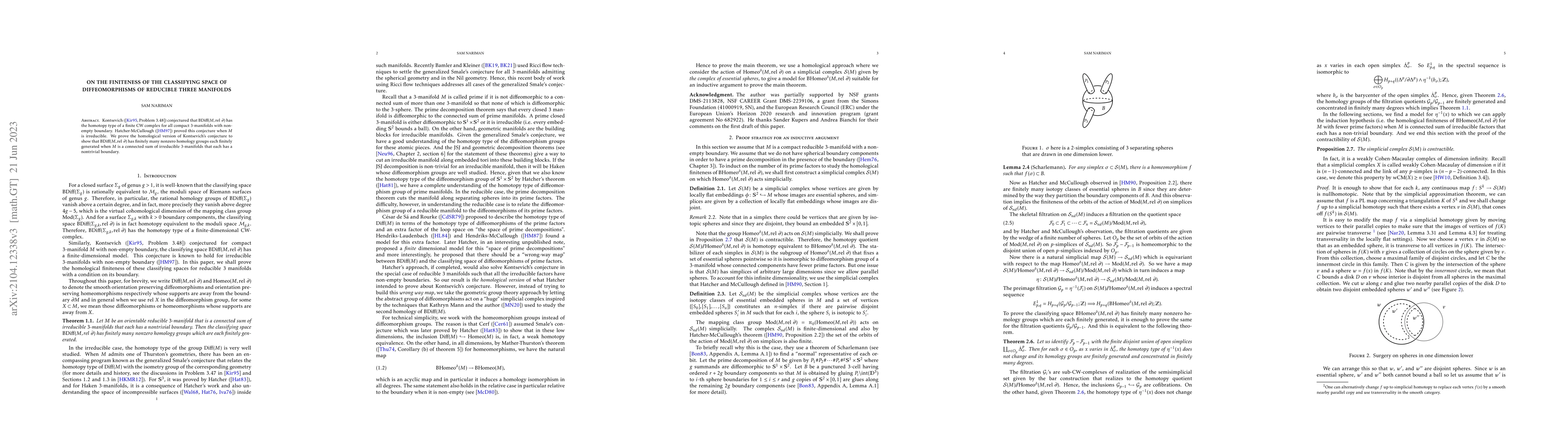 Thumbnail for On the finiteness of the classifying space of diffeomorphisms of
  reducible three manifolds
