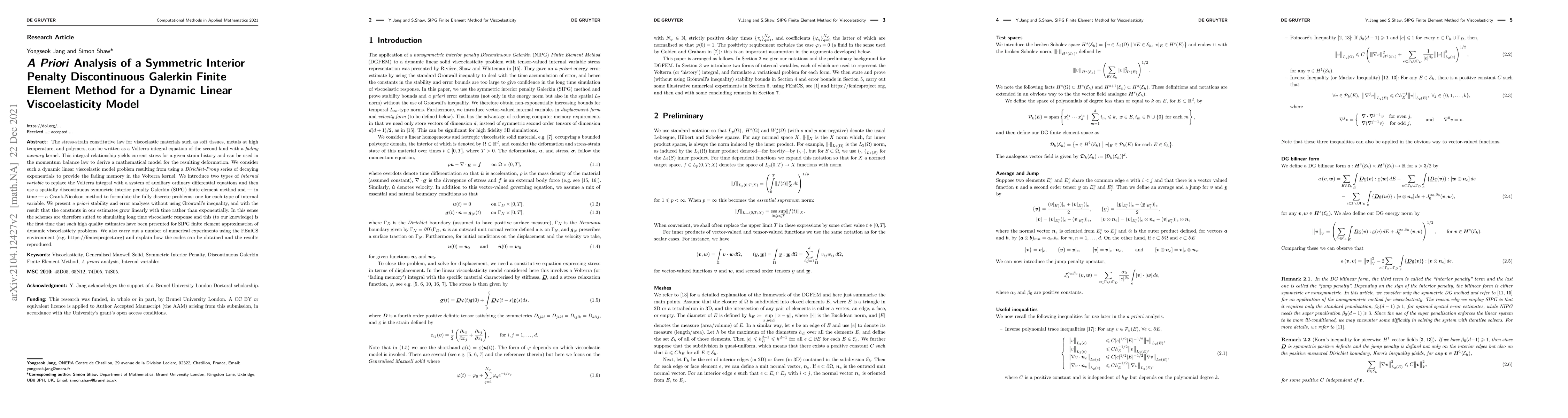 Thumbnail for A Priori Analysis of a Symmetric Interior Penalty Discontinuous Galerkin
  Finite Element Method for a Dynamic Linear Viscoelasticity Model