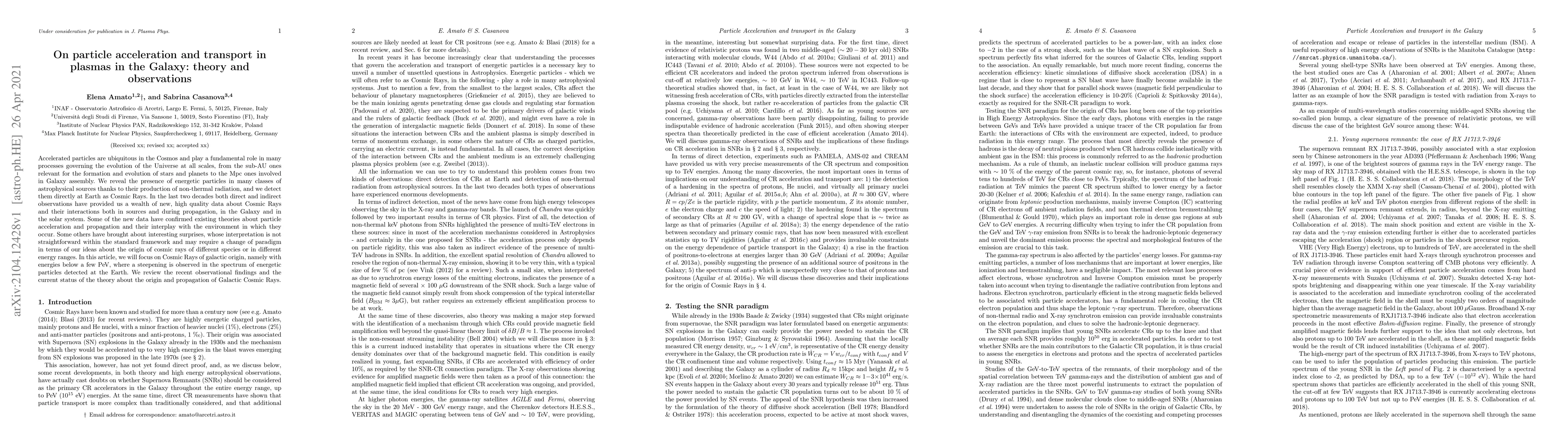 Thumbnail for On particle acceleration and transport in plasmas in the Galaxy: theory
  and observations