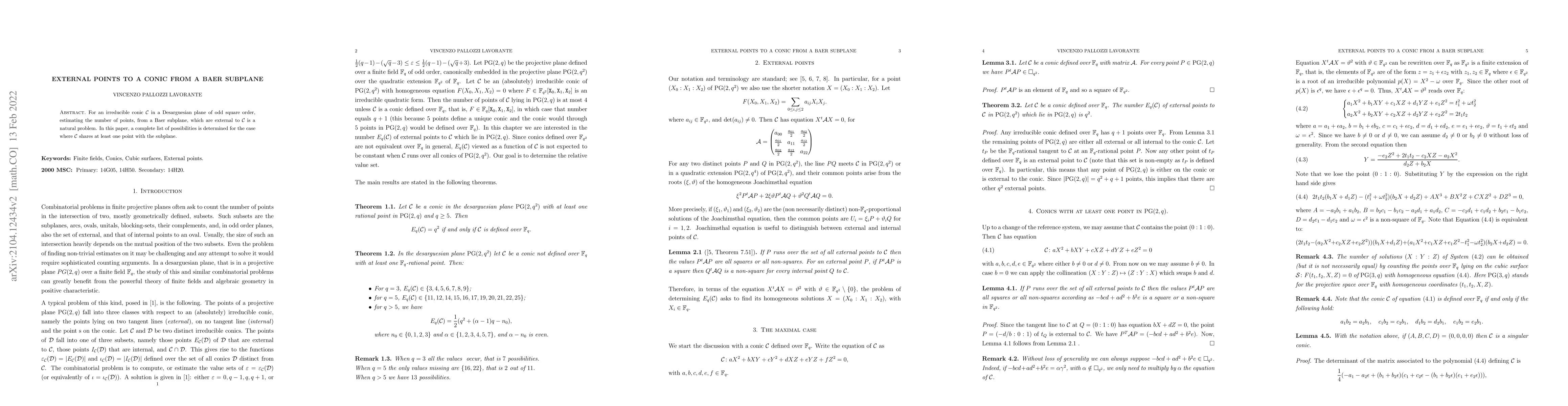 Thumbnail for External points to a conic from a Baer subplane