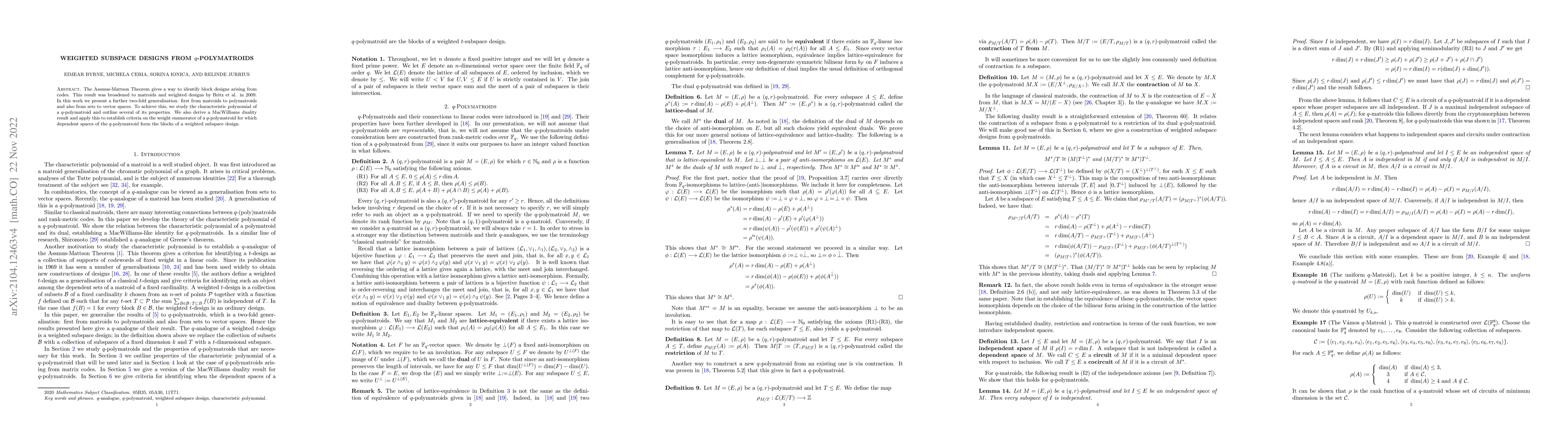 Thumbnail for Weighted Subspace Designs from $q$-Polymatroids