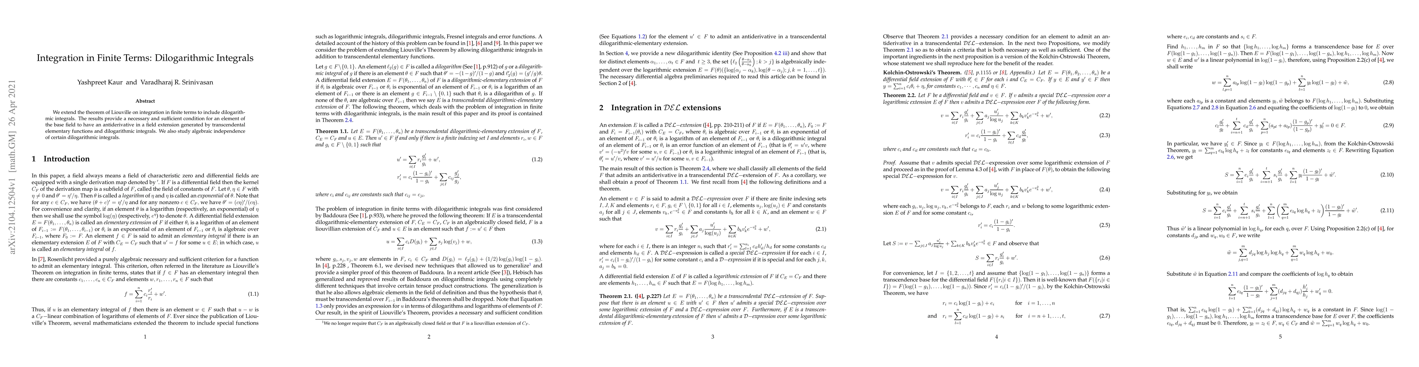 Thumbnail for Integration in Finite Terms: Dilogarithmic Integrals