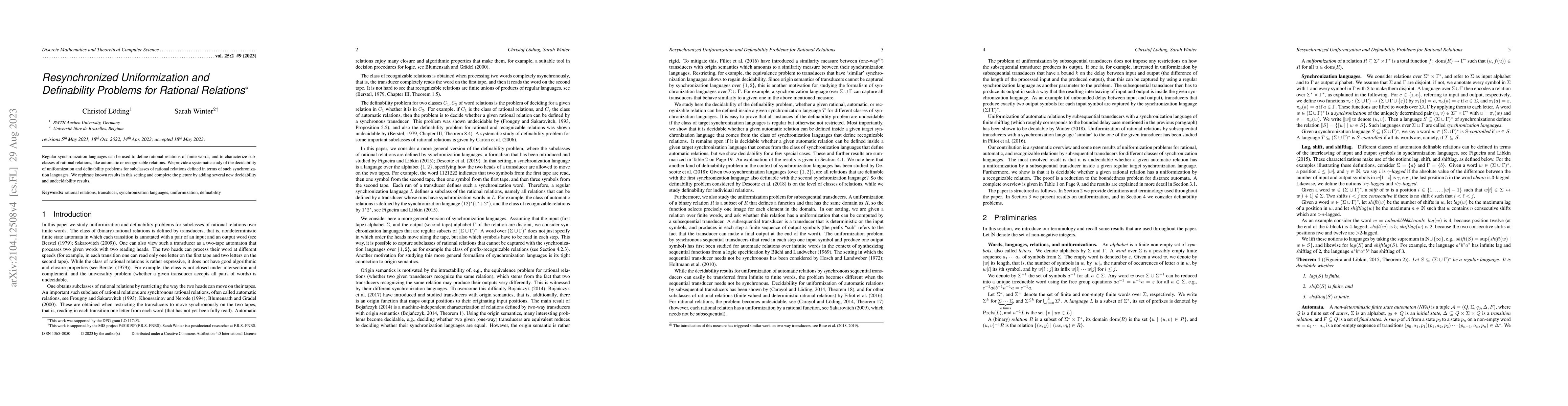 Thumbnail for Resynchronized Uniformization and Definability Problems for Rational
  Relations