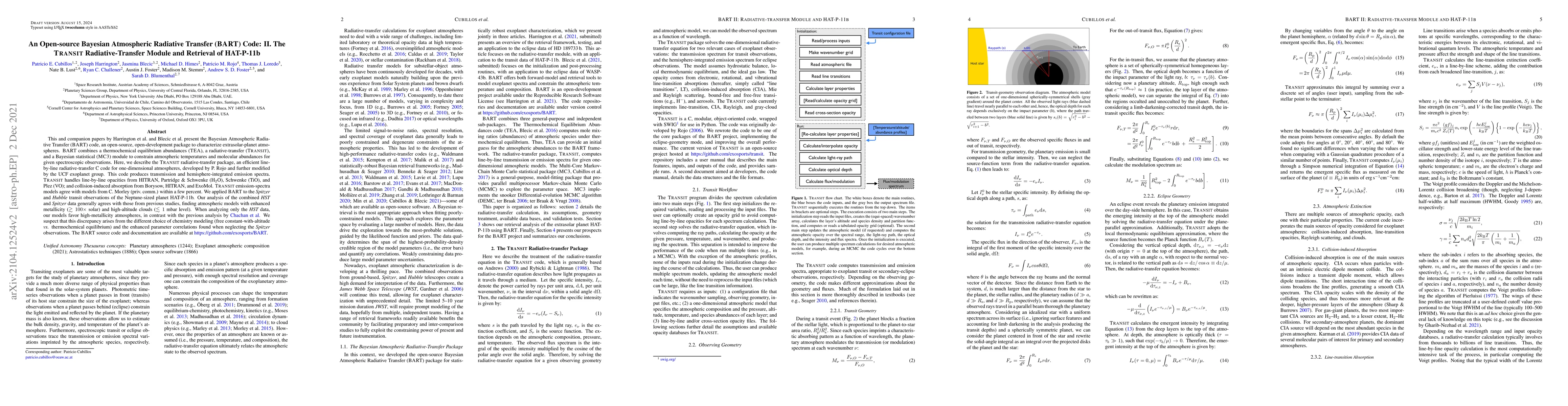 Thumbnail for An Open-source Bayesian Atmospheric Radiative Transfer (BART) Code: II.
  The Transit Radiative-transfer Module and Retrieval of HAT-P-11b