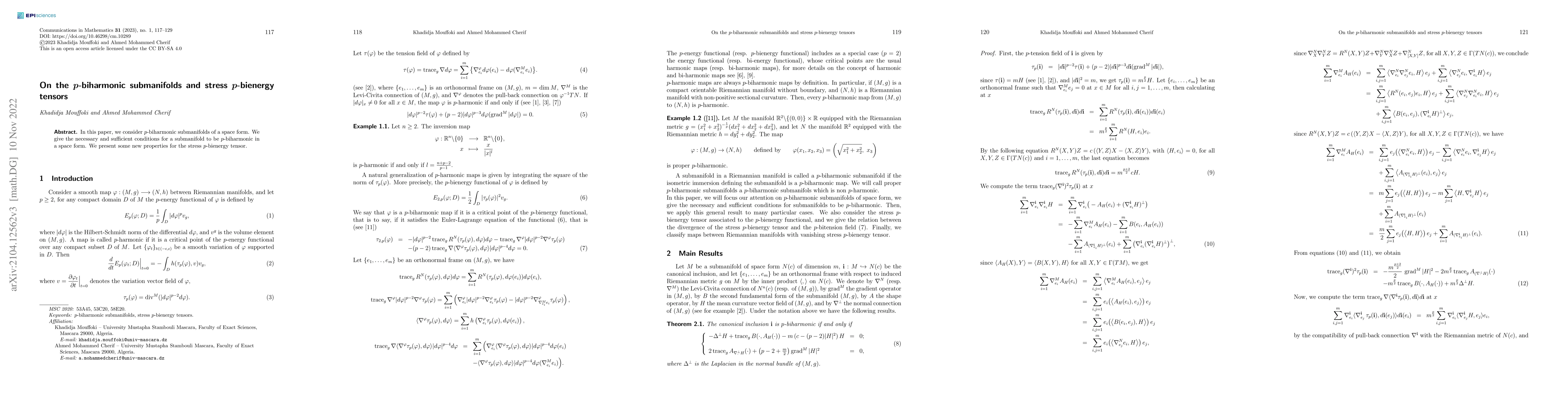 Thumbnail for On the p-biharmonic submanifolds and stress p-bienergy tensors