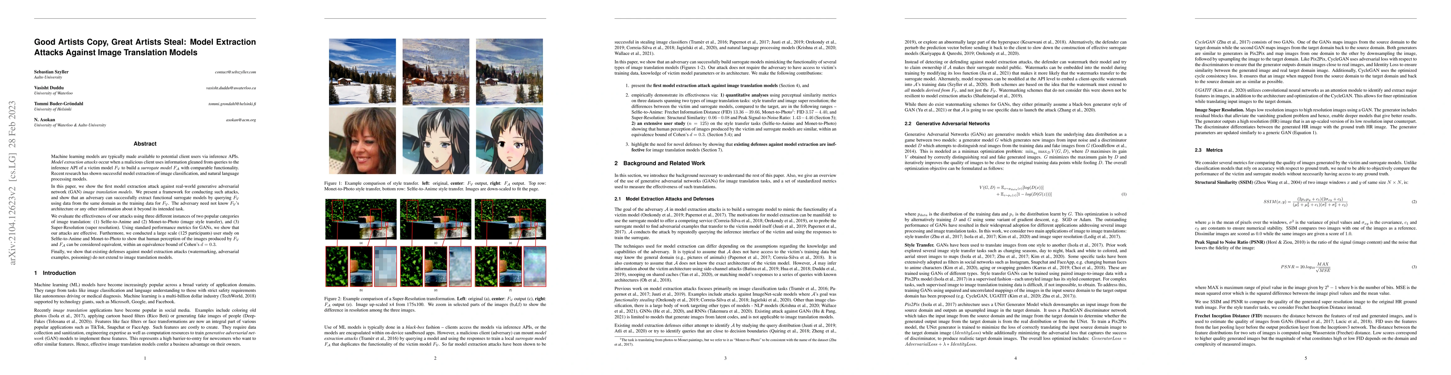 Thumbnail for Good Artists Copy, Great Artists Steal: Model Extraction Attacks Against
  Image Translation Models