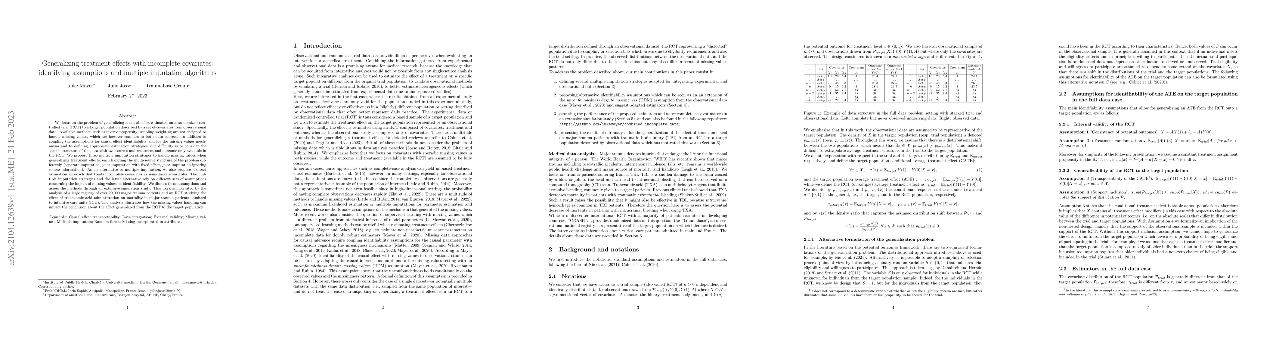 Thumbnail for Generalizing treatment effects with incomplete covariates: identifying
  assumptions and multiple imputation algorithms