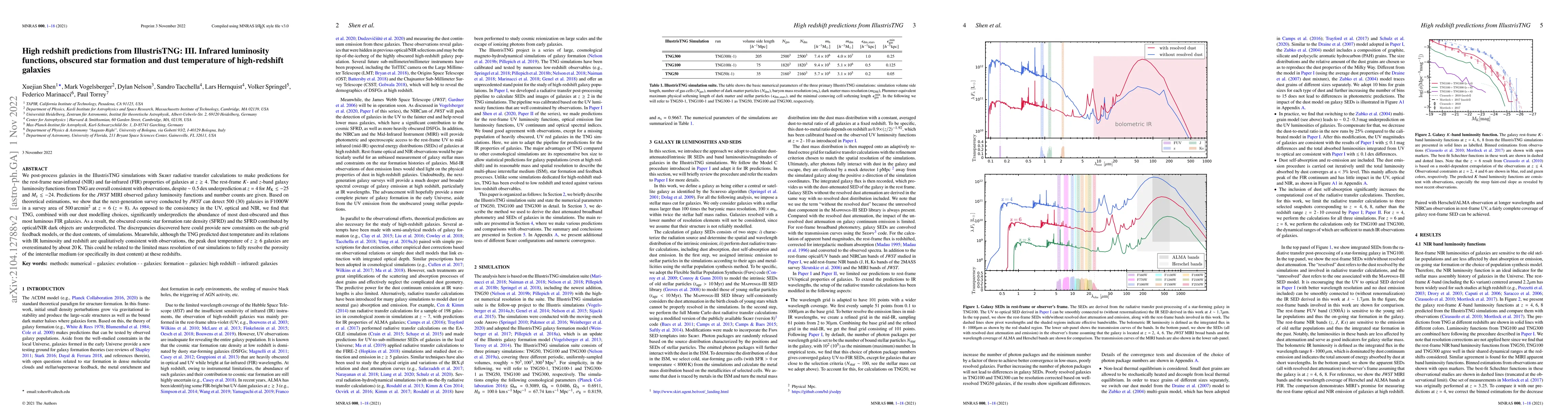 Thumbnail for High redshift JWST predictions from IllustrisTNG: III. Infrared
  luminosity functions, obscured star formation and dust temperature of
  high-redshift galaxies