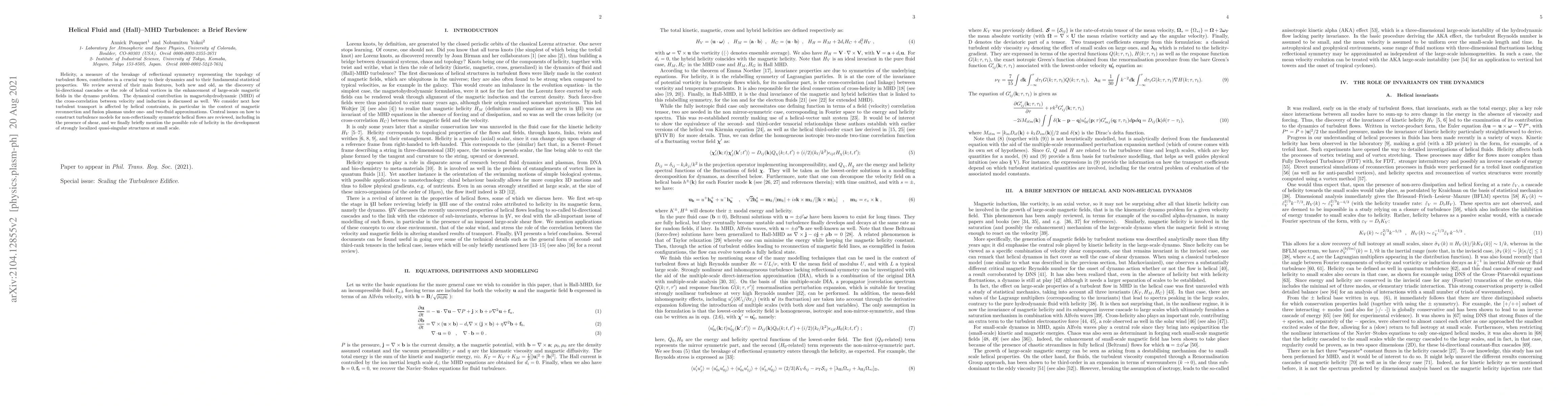 Thumbnail for Helical Fluid and (Hall)-MHD Turbulence: a Brief Review