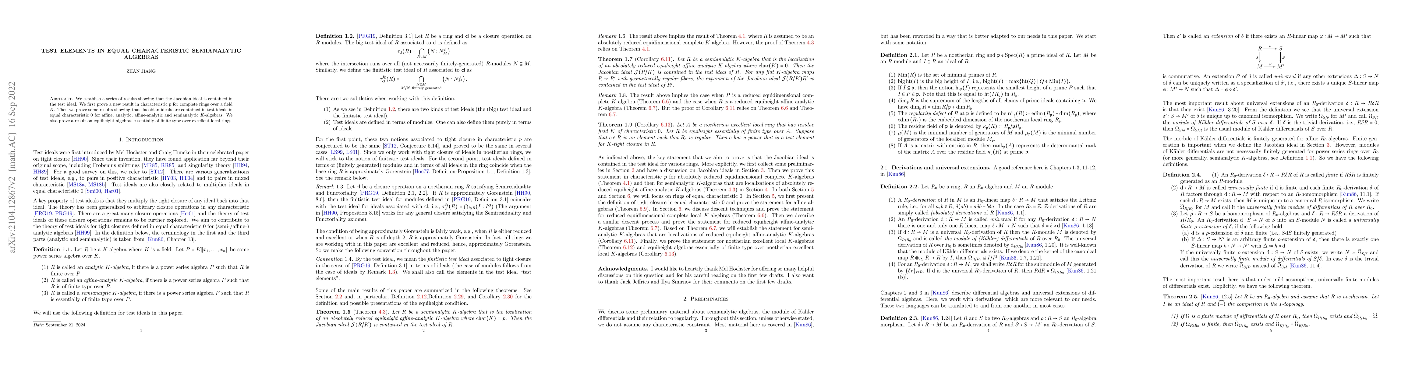 Thumbnail for Test elements in equal characteristic semianalytic algebras