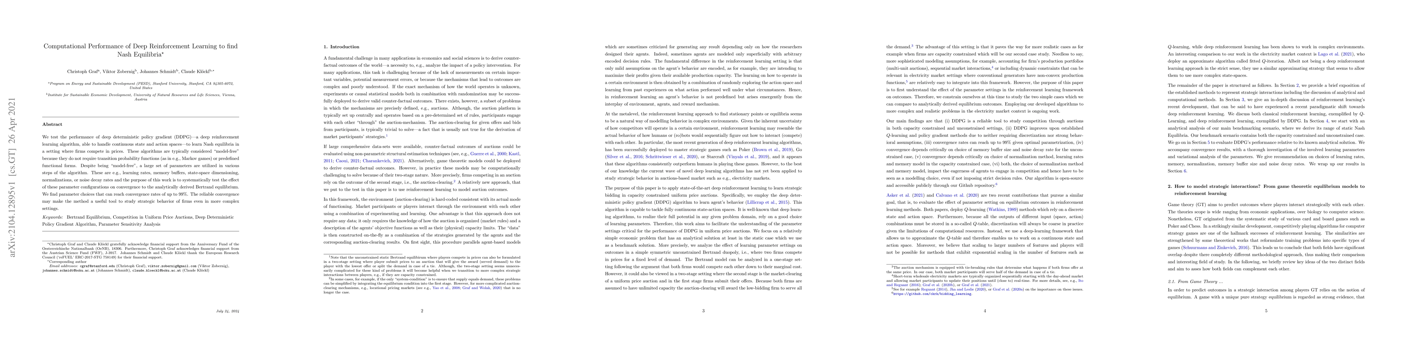 Thumbnail for Computational Performance of Deep Reinforcement Learning to find Nash
  Equilibria