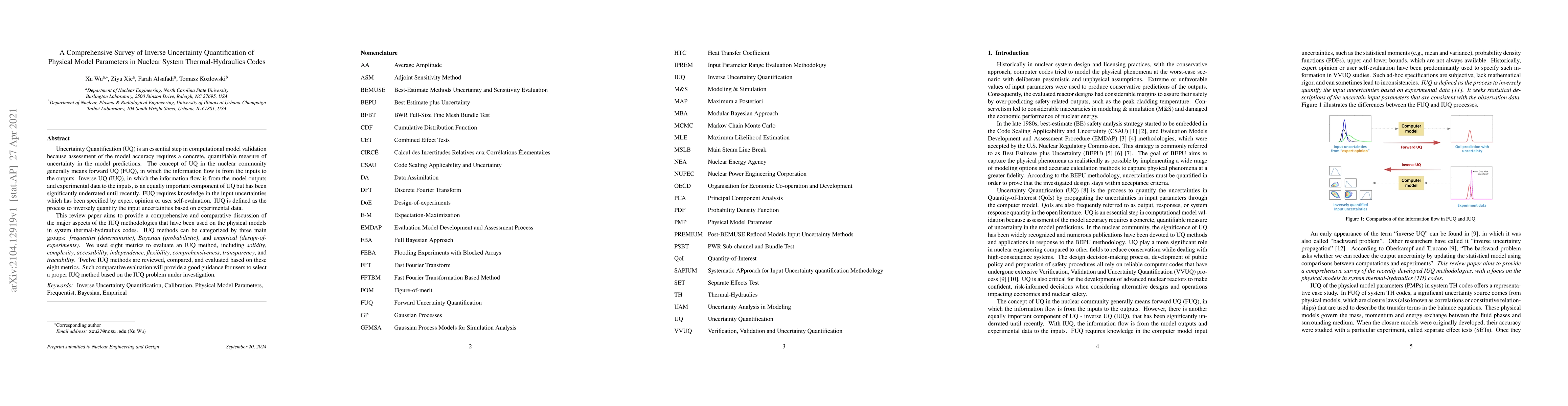 Thumbnail for A Comprehensive Survey of Inverse Uncertainty Quantification of Physical
  Model Parameters in Nuclear System Thermal-Hydraulics Codes