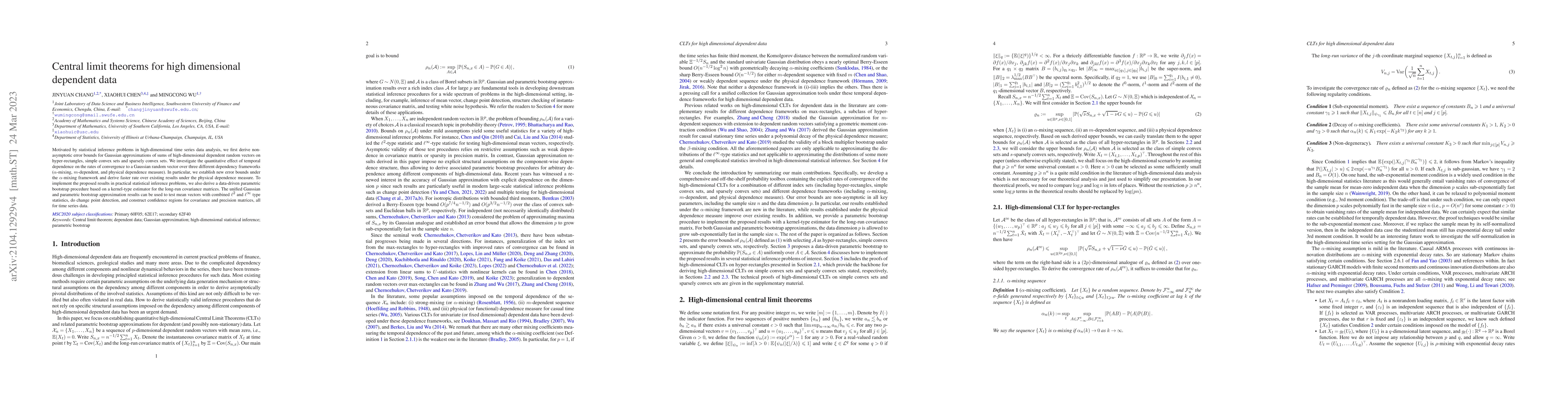 Thumbnail for Central limit theorems for high dimensional dependent data