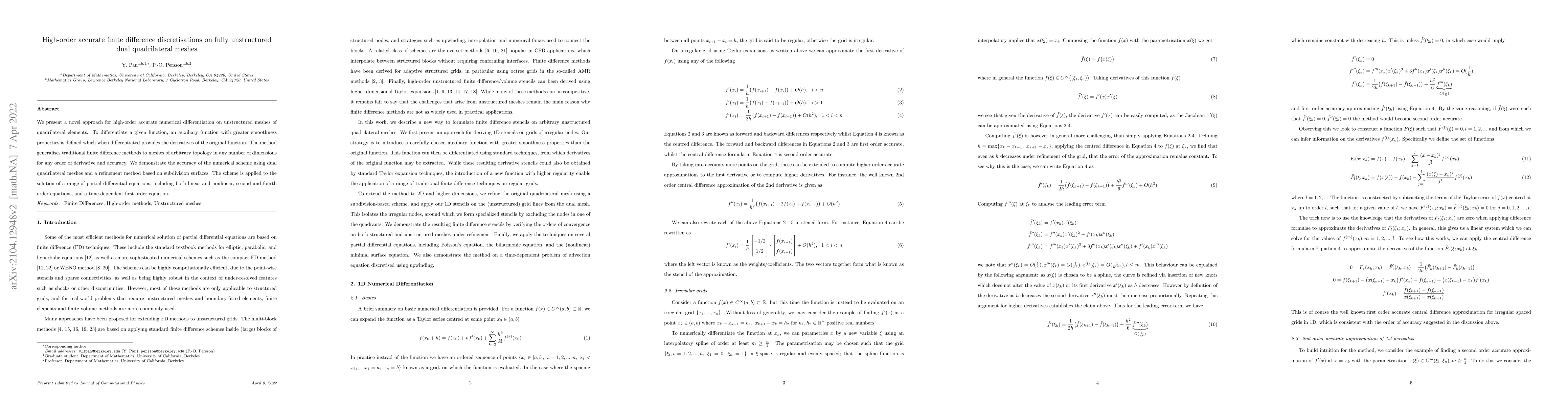 Thumbnail for High-order accurate finite difference discretisations on fully
  unstructured dual quadrilateral meshes