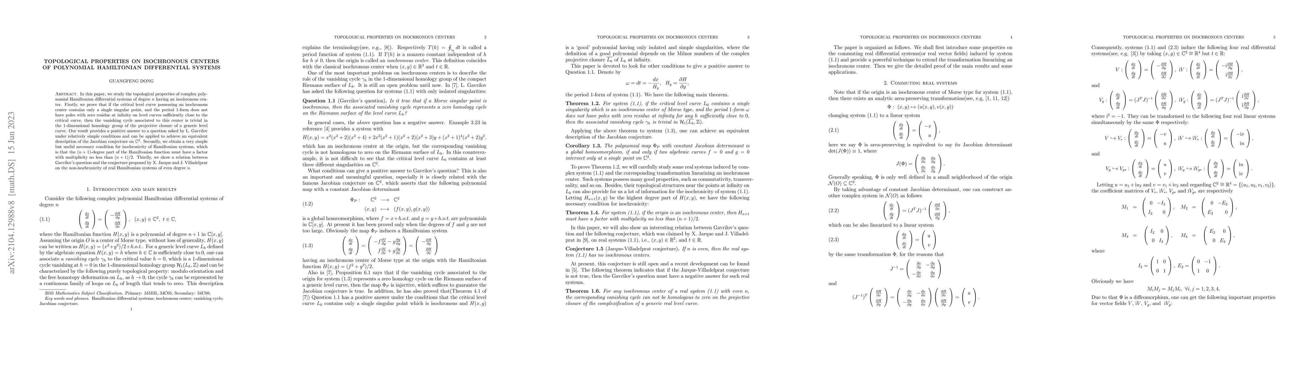 Thumbnail for Topological properties on isochronous centers of polynomial Hamiltonian
  differential systems