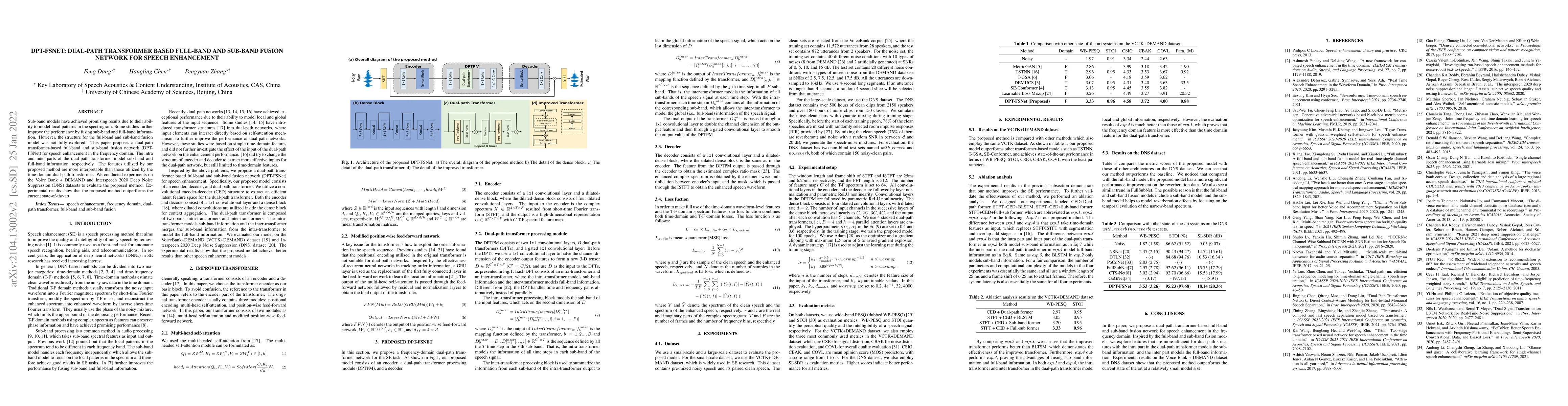Thumbnail for DPT-FSNet: Dual-path Transformer Based Full-band and Sub-band Fusion
  Network for Speech Enhancement