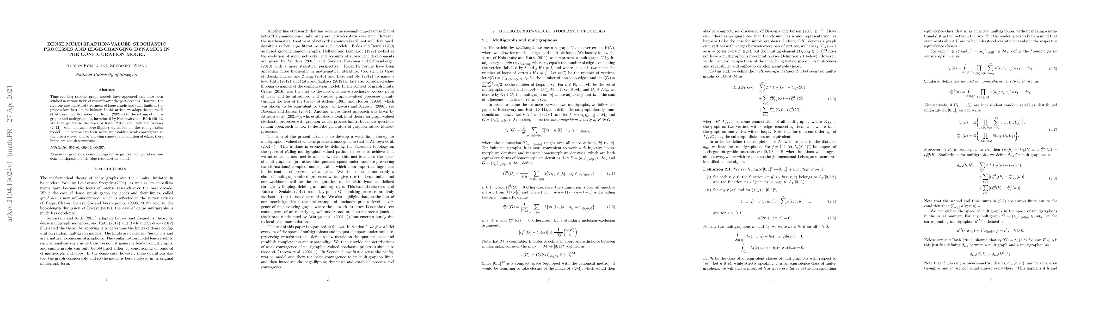 Thumbnail for Dense multigraphon-valued stochastic processes and edge-changing
  dynamics in the configuration model