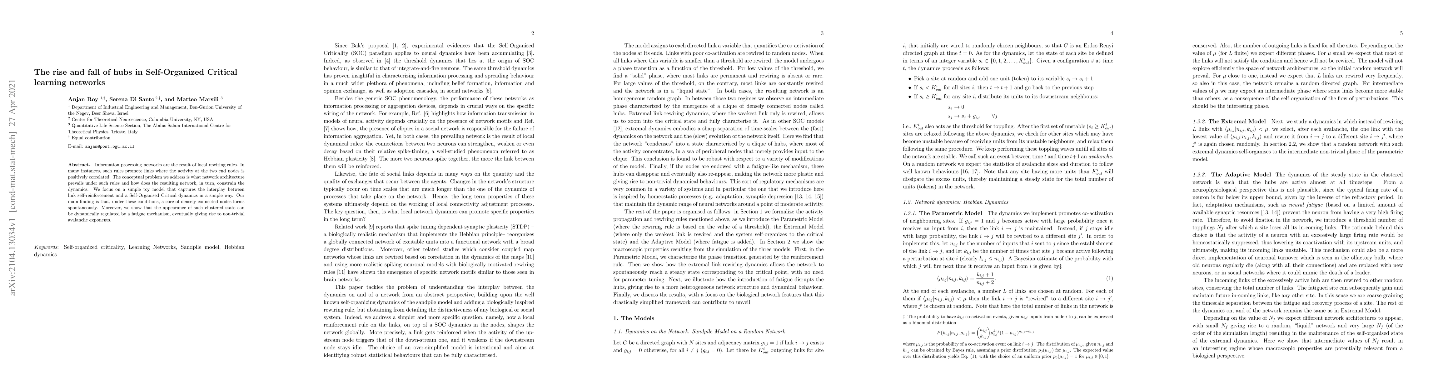 Thumbnail for The rise and fall of hubs in Self-Organized Critical learning networks