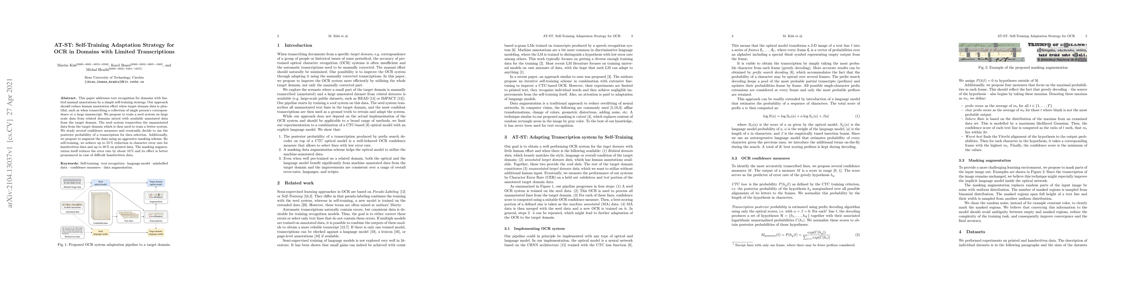 Thumbnail for AT-ST: Self-Training Adaptation Strategy for OCR in Domains with Limited
  Transcriptions