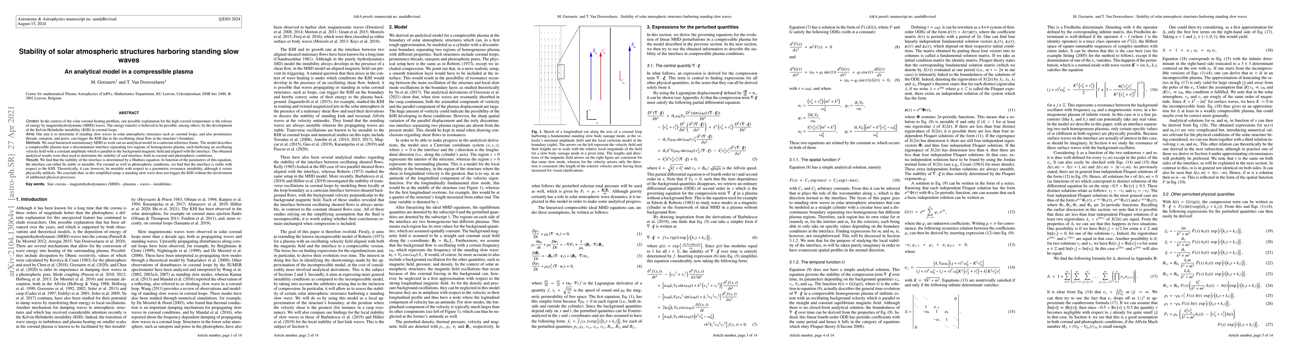 Thumbnail for Stability of solar atmospheric structures harboring standing slow waves:
  An analytical model in a compressible plasma