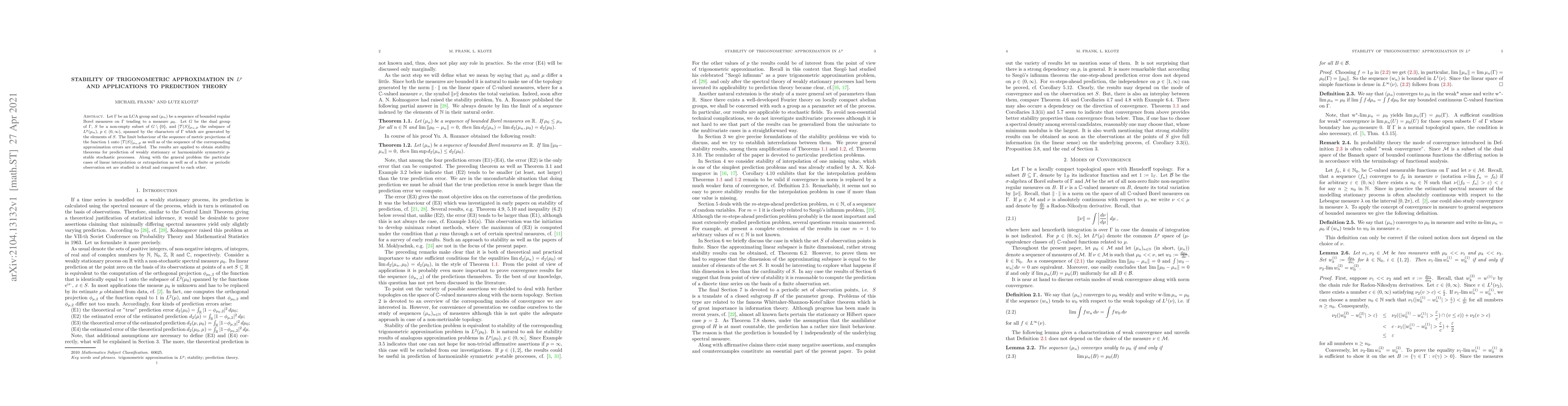 Thumbnail for Stability of trigonometric approximation in $L^p$ and applications to
  prediction theory