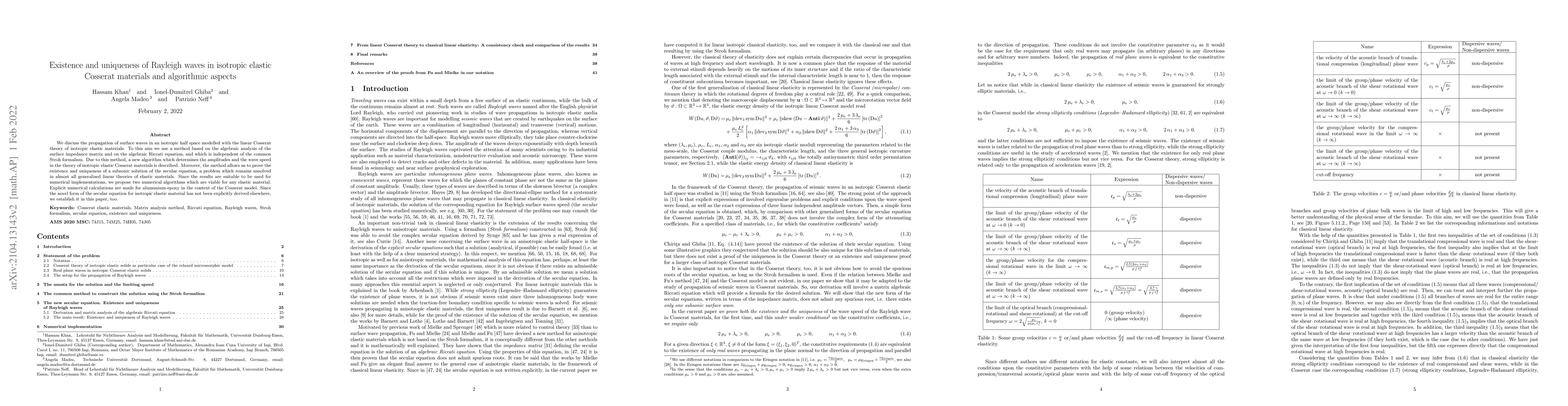 Thumbnail for Existence and uniqueness of Rayleigh waves in isotropic elastic Cosserat
  materials and algorithmic aspects
