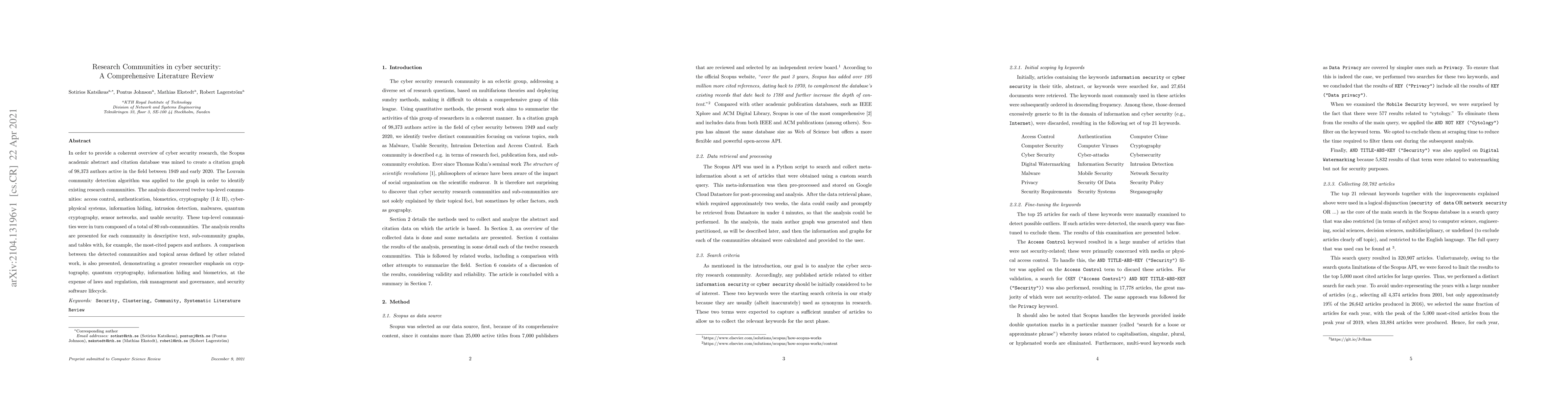 Thumbnail for Research Communities in cyber security: A Comprehensive Literature
  Review