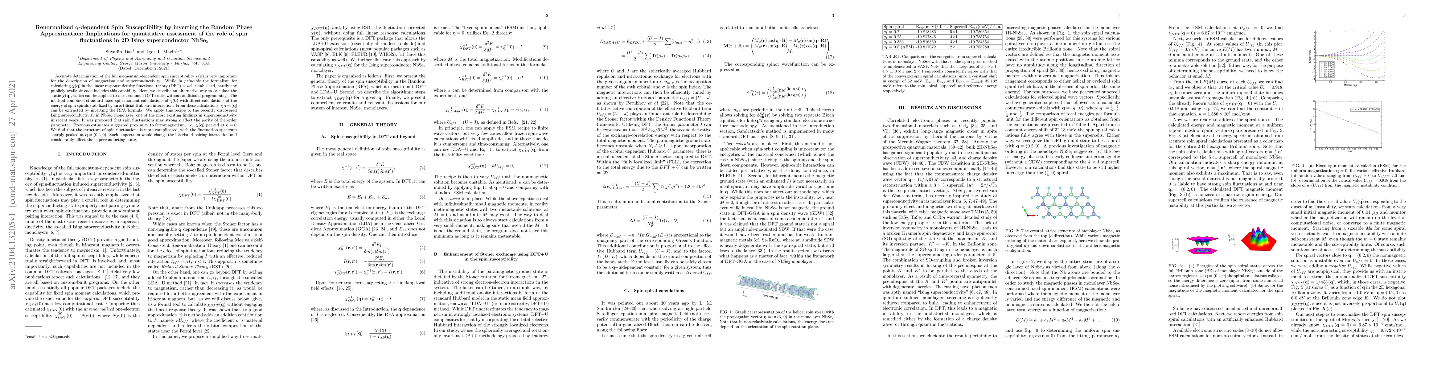 Thumbnail for Renormalized q-dependent Spin Susceptibility by inverting the Random
  Phase Approximation: Implications for quantitative assessment of the role of
  spin fluctuations in 2D Ising superconductor NbSe$_{2}$