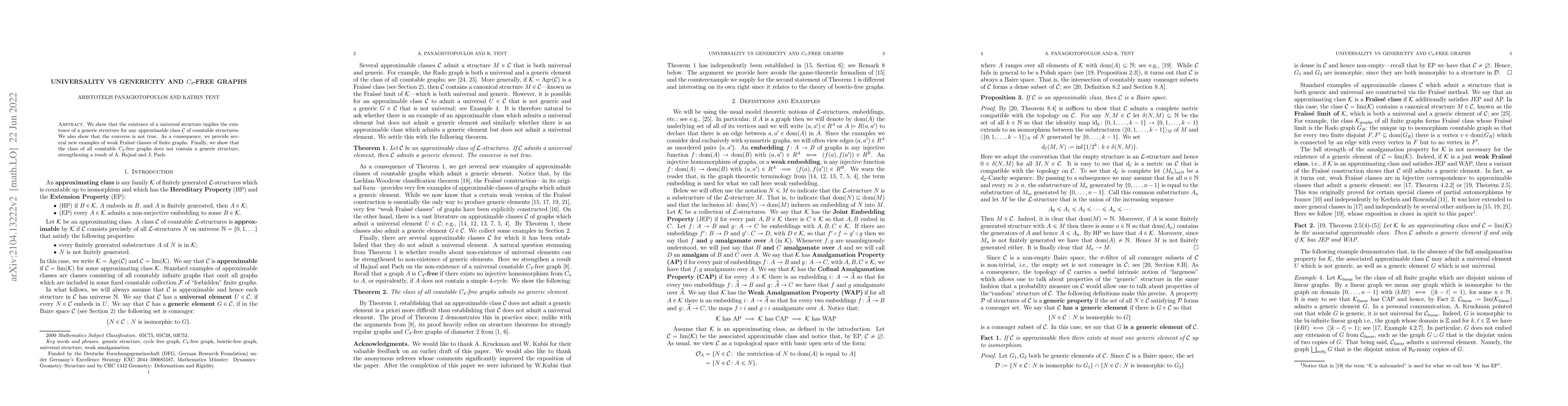 Thumbnail for Universality vs Genericity and $C_4$-free graphs