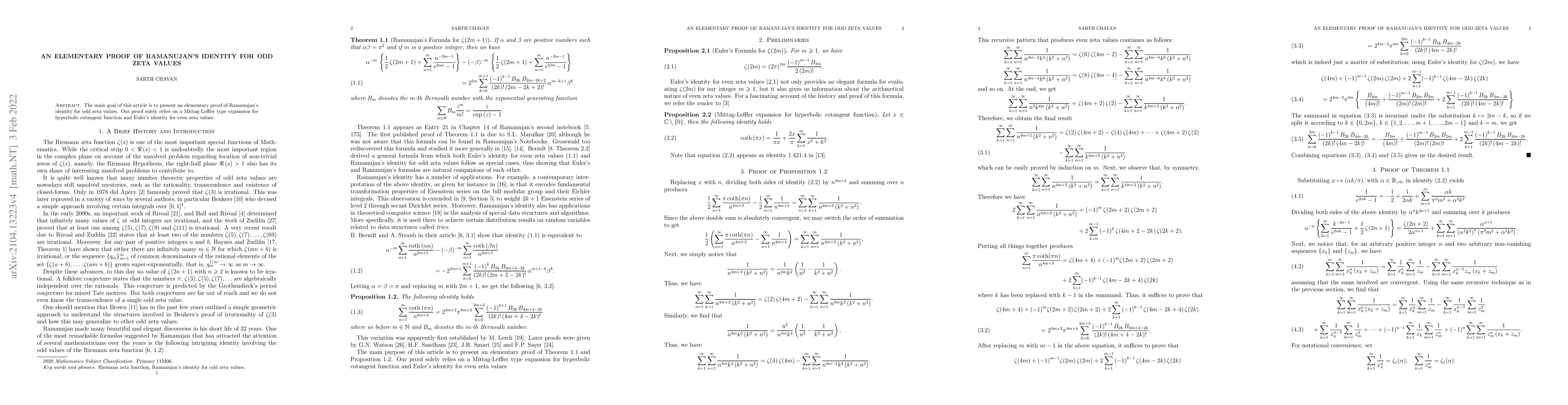 Thumbnail for An Elementary Proof of Ramanujan's Identity for Odd Zeta Values