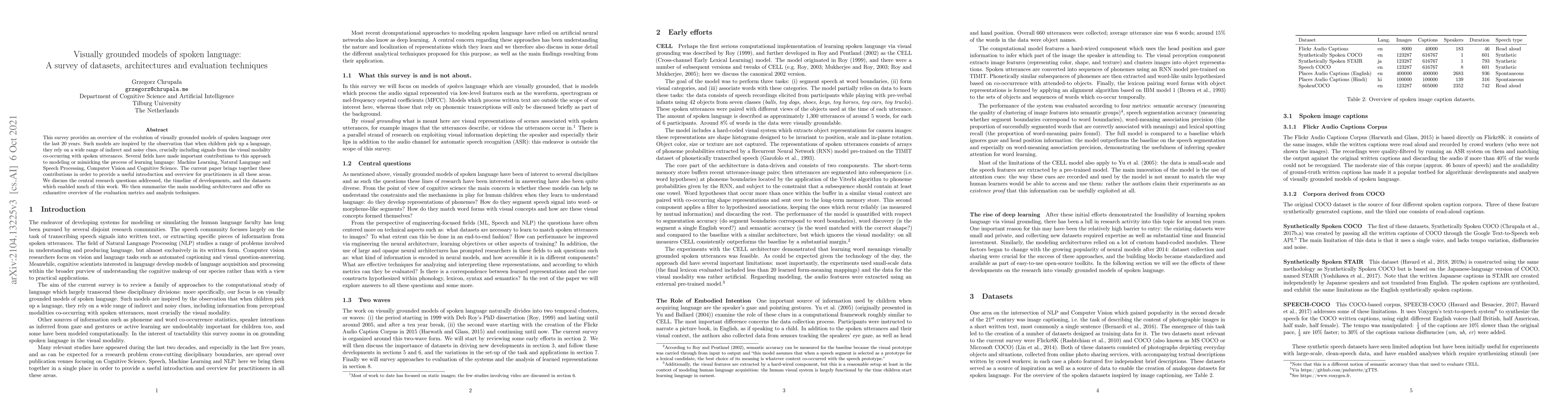 Thumbnail for Visually grounded models of spoken language: A survey of datasets,
  architectures and evaluation techniques