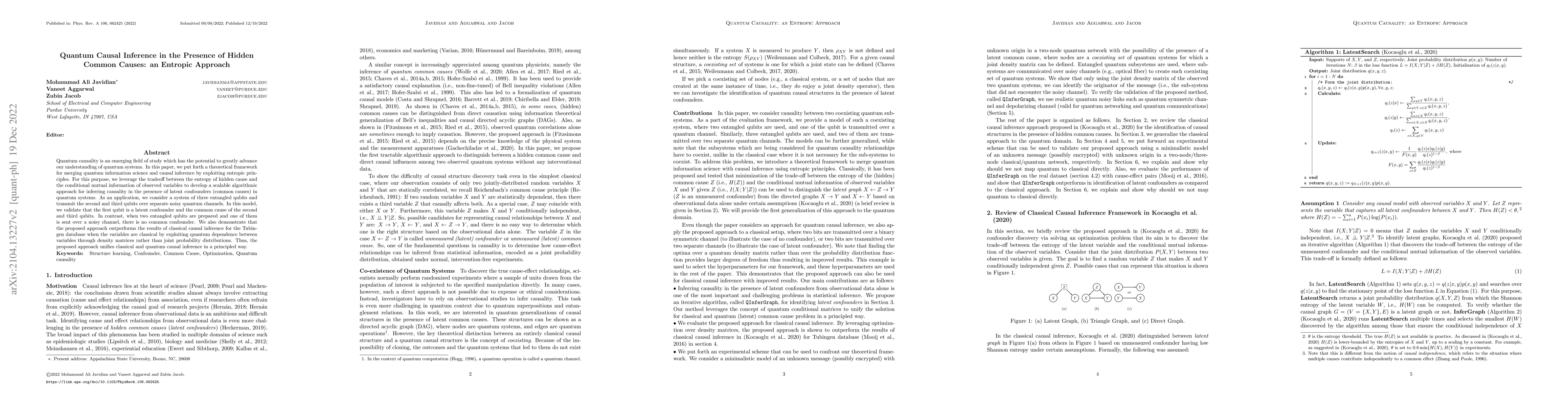 Thumbnail for Quantum causal inference in the presence of hidden common causes: An
  entropic approach
