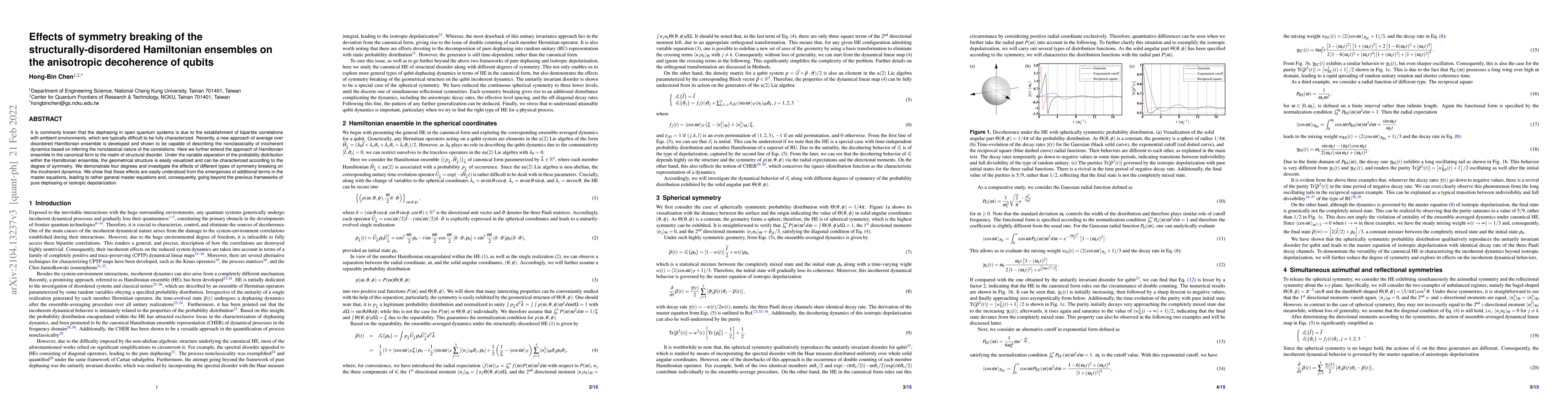 Thumbnail for Effects of symmetry breaking of the structurally-disordered Hamiltonian
  ensembles on the anisotropic decoherence of qubits