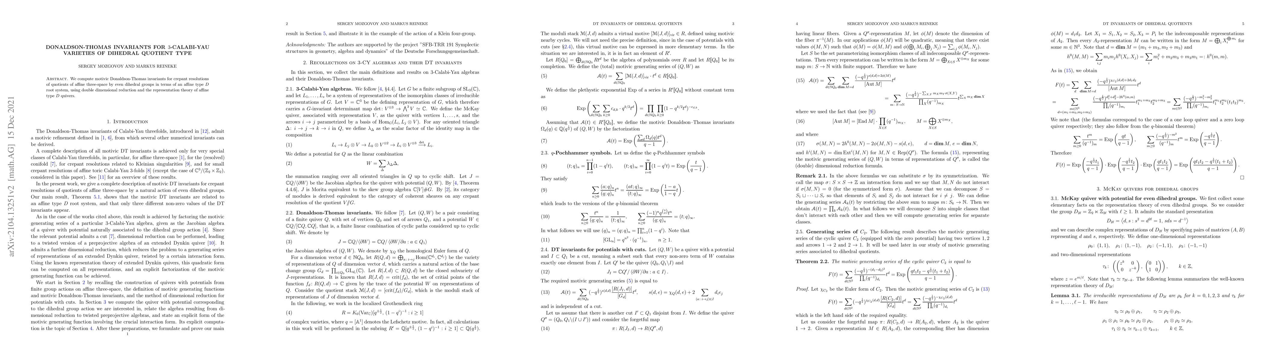 Thumbnail for Donaldson-Thomas invariants for 3-Calabi-Yau varieties of dihedral
  quotient type