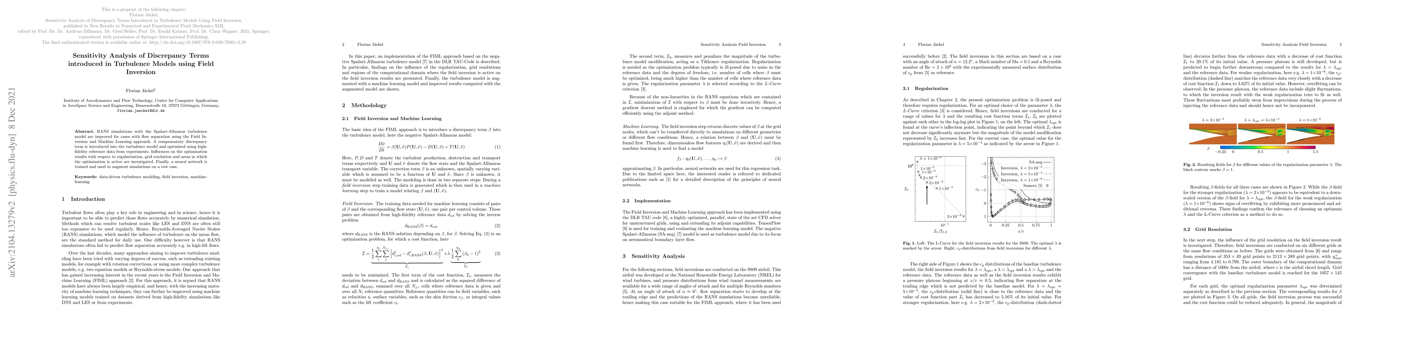 Thumbnail for Sensitivity Analysis of Discrepancy Terms introduced in Turbulence
  Models using Field Inversion
