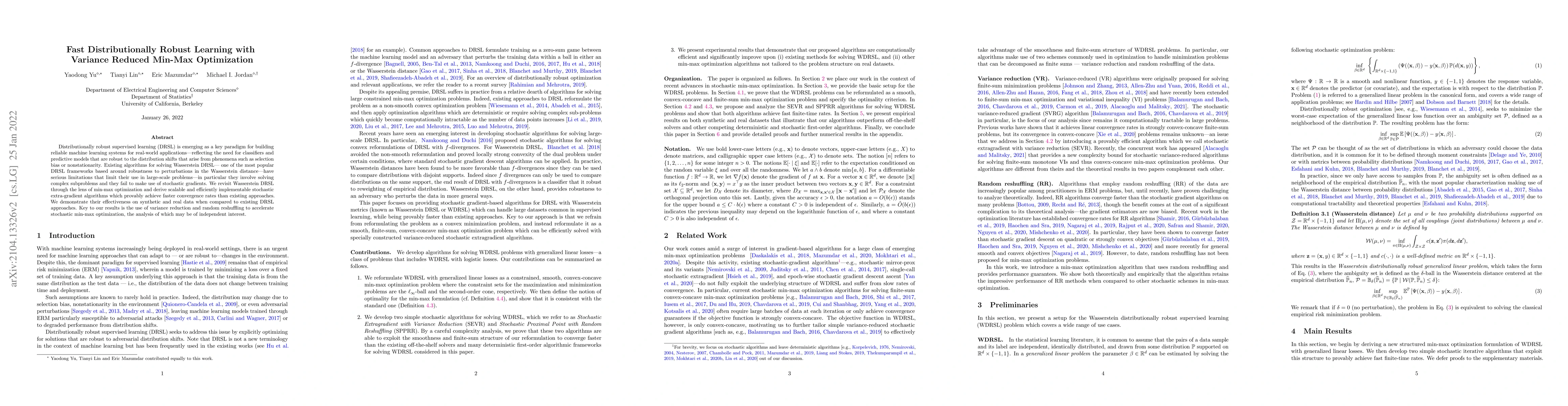 Thumbnail for Fast Distributionally Robust Learning with Variance Reduced Min-Max
  Optimization