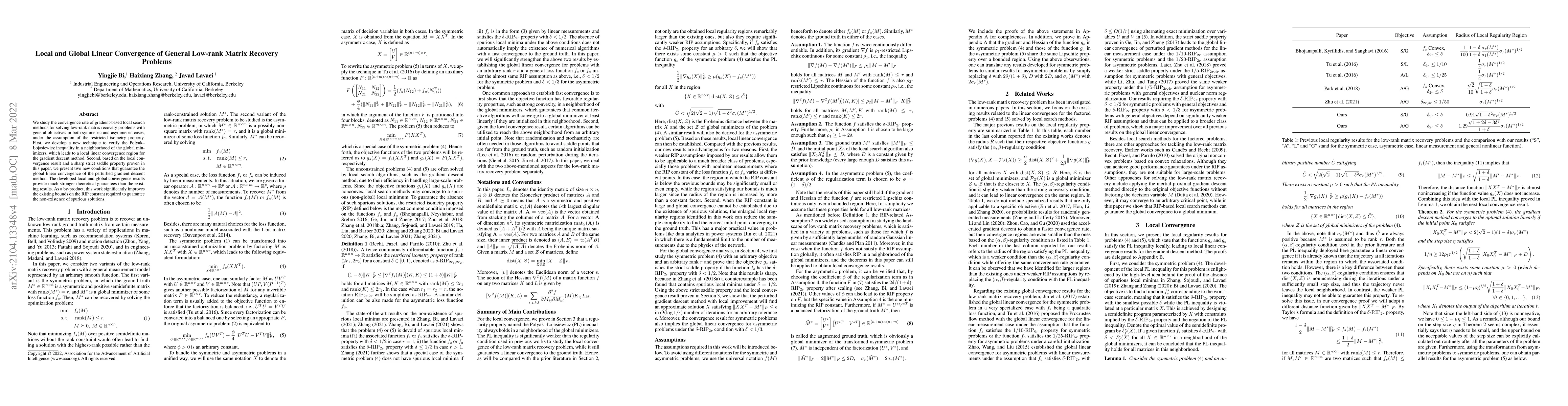 Thumbnail for Local and Global Linear Convergence of General Low-rank Matrix Recovery
  Problems