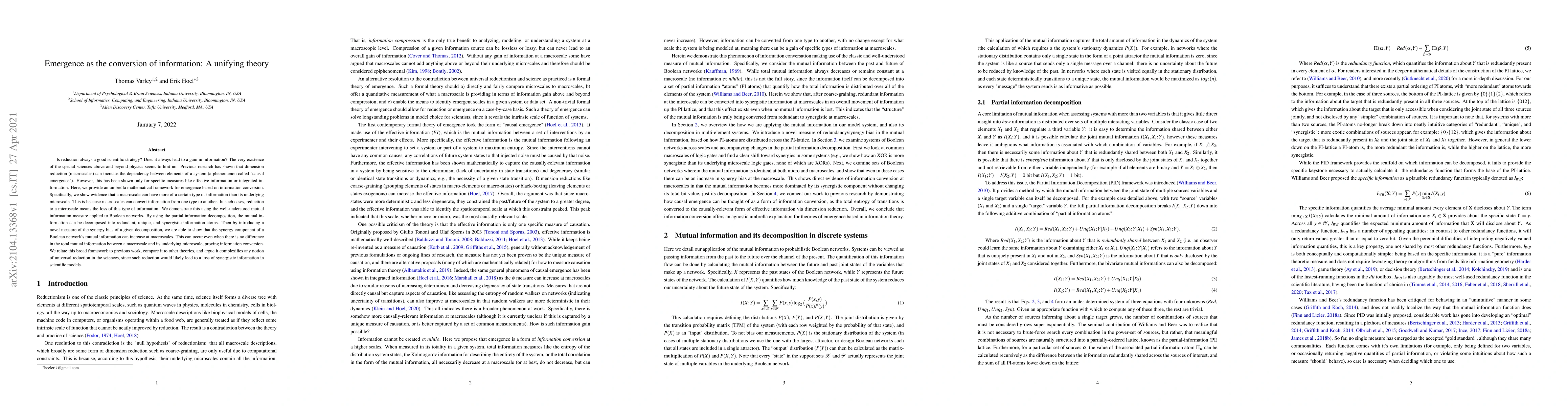 Thumbnail for Emergence as the conversion of information: A unifying theory