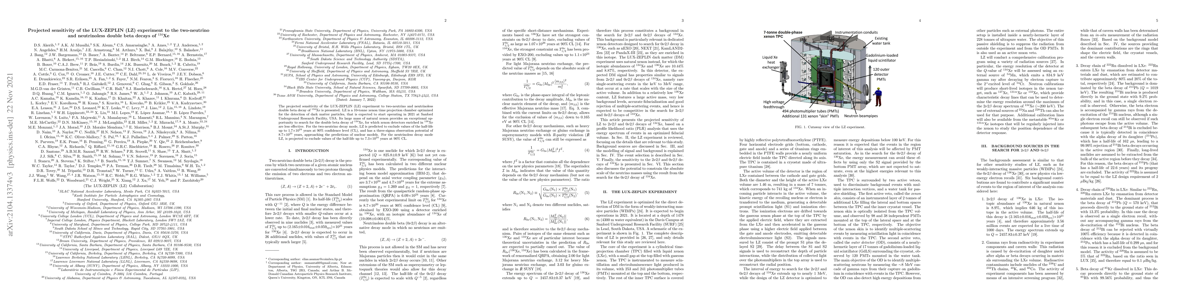 Thumbnail for Projected sensitivity of the LUX-ZEPLIN (LZ) experiment to the
  two-neutrino and neutrinoless double beta decays of $^{134}$Xe
